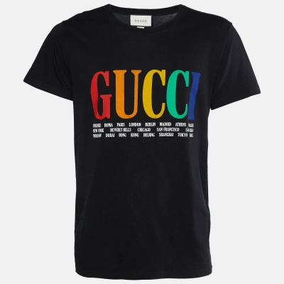 Pre-owned Gucci Black Cities Print Cotton Crew Neck T-shirt M