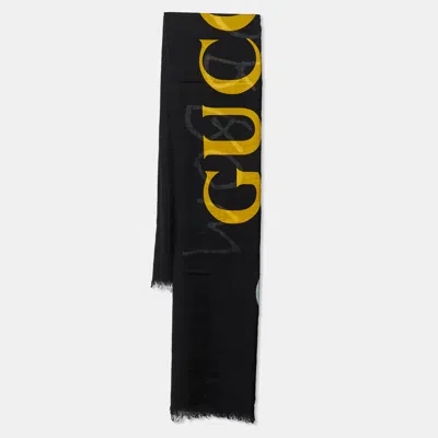 Pre-owned Gucci Black Coco Capitan Logo Print Modal & Silk Scarf