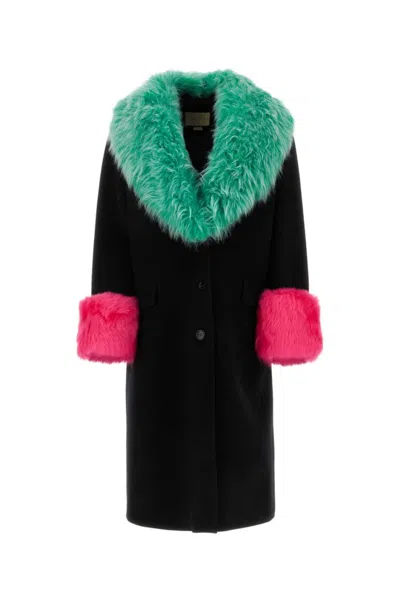GUCCI BLACK CONTRAST-TRIM SHEARLING-COLLAR COAT