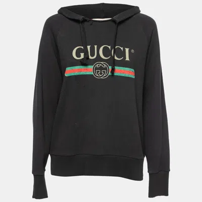 Pre-owned Gucci Black Cotton Blind For Love Embroidered Hoodie Xs