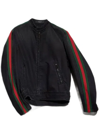Gucci Black Cotton Denim Biker Jacket With Web Trim