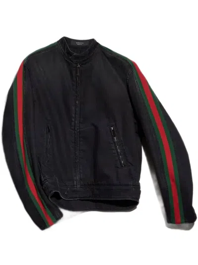Gucci Black Cotton Denim Biker Jacket With Web Trim