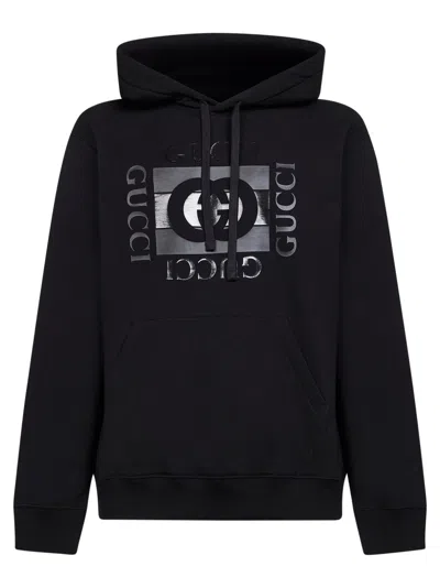 Gucci Men Black Sweatshirt With Hood With Drawstring And Front Logo In Cotton Man In Multi
