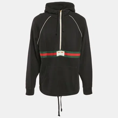 Pre-owned Gucci Black Cotton Jersey Web Detail Hooded Sweatshirt M