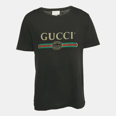 Pre-owned Gucci Black Cotton Vintage Logo Print Jersey Crew Neck T-shirt M