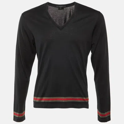 Pre-owned Gucci Black Cotton Web Striped V-neck Long Sleeve T-shirt L