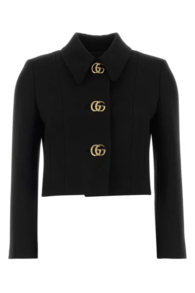 Gucci Crepe Blazer Cropped Structured Shoulders Gold Tone In Black