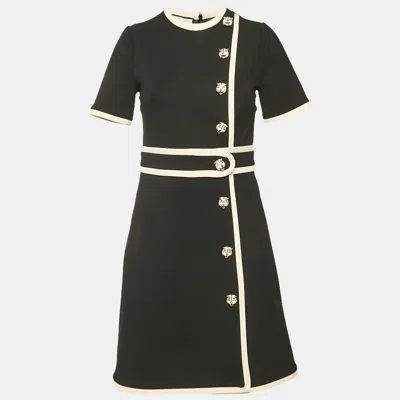 Pre-owned Gucci Black Crepe Contrast Trimmed Tiger Button Detail Crepe Mini Dress S