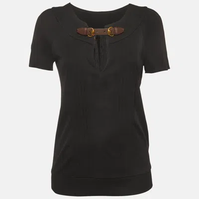 Pre-owned Gucci Black Crepe Leather Buckle Pin Tucked Blouse L