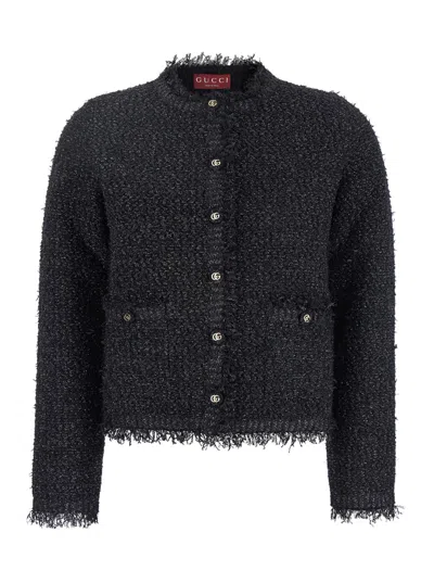 Gucci Black Crewneck Jacket With Double G Logo Buttons In Tech Fabric Woman In Animal Print