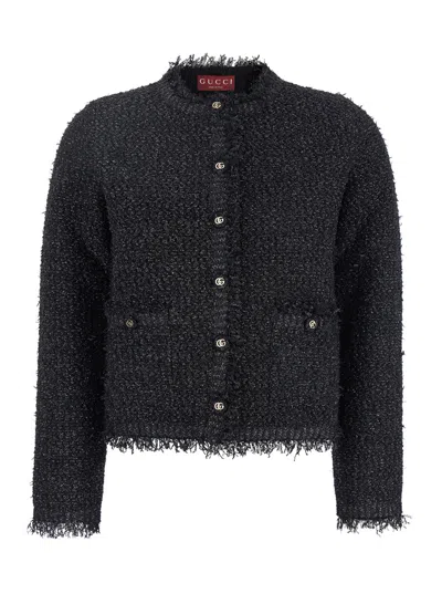 Gucci Black Crewneck Jacket With Double G Logo Buttons In Tech Fabric Woman In Multicolor