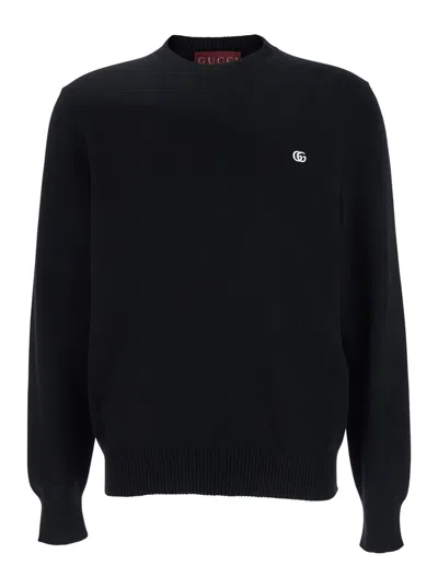 Gucci Black Crewneck Sweater With Gg Logo Embroidered On The Front In Wool And Cashmere Blend Man