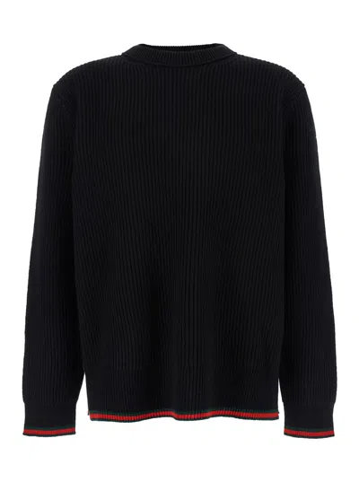 Gucci Black Crewneck Sweater With Web Detail In Ribbed Wool Blend Man