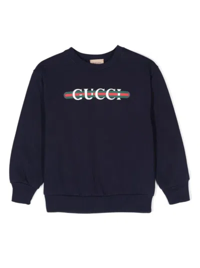 Gucci Kids' Black Crewneck Sweatshirt With Web Detail In Jersey Boy In Blu