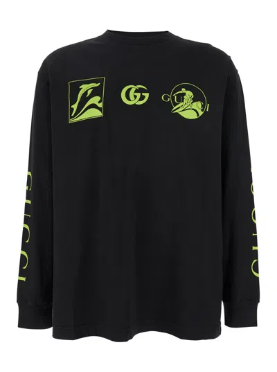 Gucci Black Crewneck T-shirt With All-over Prints And Maxi Logo Lettering On The Sleeves In Cotton M In Multicolor