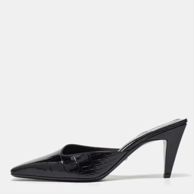 Pre-owned Gucci Black Croc Embossed Leather Mock Mules Size 38