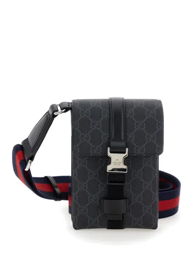 Gucci Black Crossbody Bag With All-over Gg  Print In Tech Fabric And Cotton Blend Man In Multicolor
