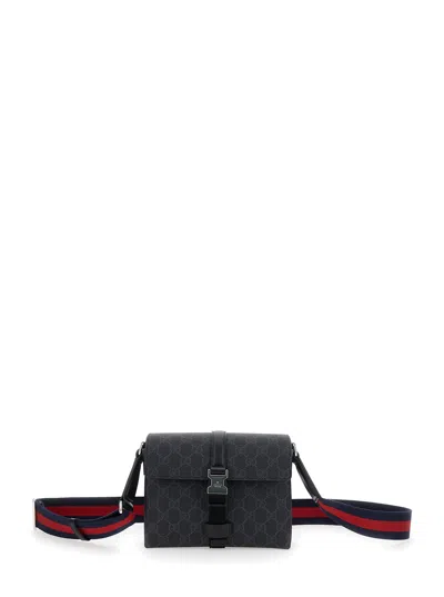 Gucci Black Crossbody Bag With Metal Hook Closure And Shoulder Strap With Web Motif In Gg Canvas Man In Multicolor