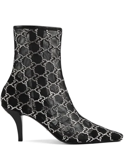 Gucci Black Crystal Mid-heel Boots For Women