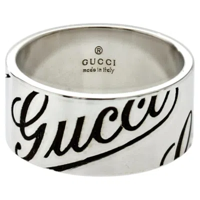 Pre-owned Gucci Black Cursive Logo 18k White Gold Wide Ring Size 7