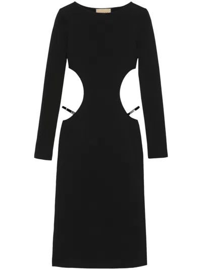 Gucci Cotton And Silk Midi Dress With Crystal G Square In 1000 Nero