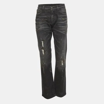Pre-owned Gucci Black Denim Embellished Distressed Jeans M/waist 33"