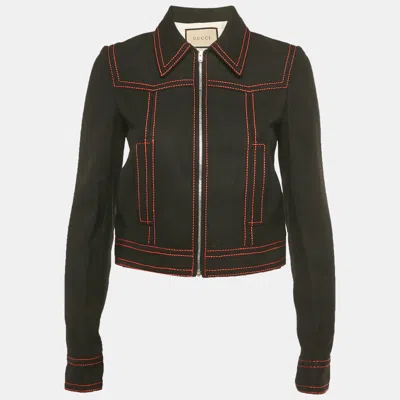 Pre-owned Gucci Black Denim Hoywood Babylon Embellised Zip Front Jacket Xs