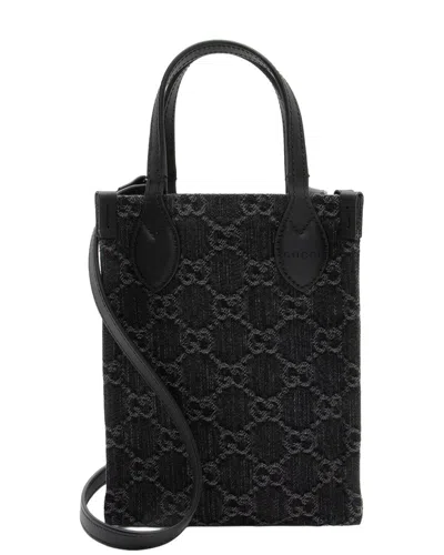 Pre-owned Gucci Black Denim, Leather Ophidia Mini Tote (authentic Pre-loved)