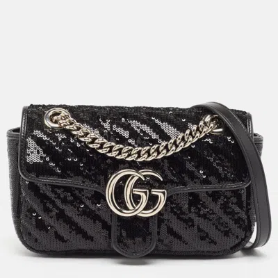 Pre-owned Gucci Black Diagonal Sequins And Leather Mini Gg Marmont Shoulder Bag