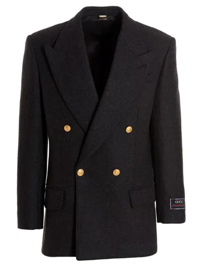 Gucci Men Cashmere Wool Double Breast Blazer Jacket In Black
