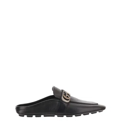 Gucci Black Double-g Logo Slippers In Animal Print