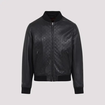 Gucci Black Embossed Leather Bomber Jacket