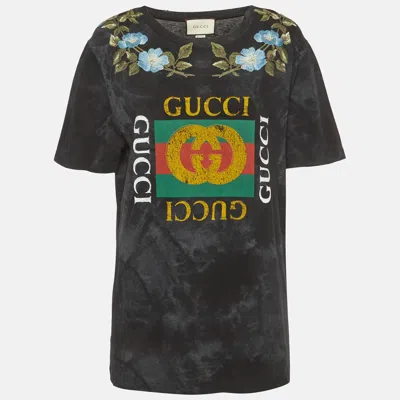 Pre-owned Gucci Black Embroidered Distressed Cotton Half Sleeve Shirt S