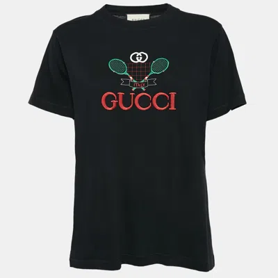 Pre-owned Gucci Black Embroidered Knit Round Neck T-shirt S