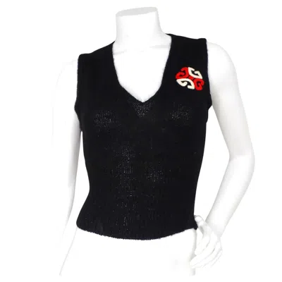 Pre-owned Gucci Black Embroidered Logo Knit Wool Blend Vest Top Circa 1970s