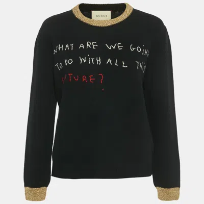 Pre-owned Gucci Black Embroidered Lurex Trim Wool Knit Sweater L