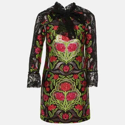 Pre-owned Gucci Black Floral Jacquard Lace Trim Mini Dress S