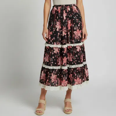 Pre-owned Gucci Black Floral Print Crepe And Lace Trim Tiered Midi Skirt M