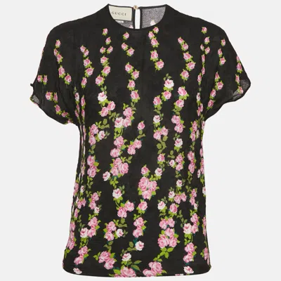 Pre-owned Gucci Black Floral Print Jacquard Crepe Top M