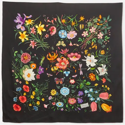 Pre-owned Gucci Black Floral Print Silk Scarf
