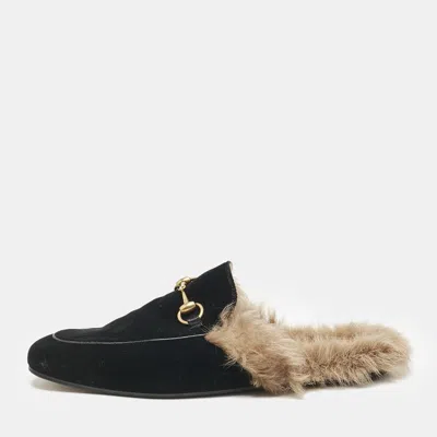 Pre-owned Gucci Black Fur And Velvet Princetown Mules Size 43