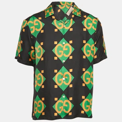 Pre-owned Gucci Black Geometric Logo Print Silk Short Sleeve Shirt Xs