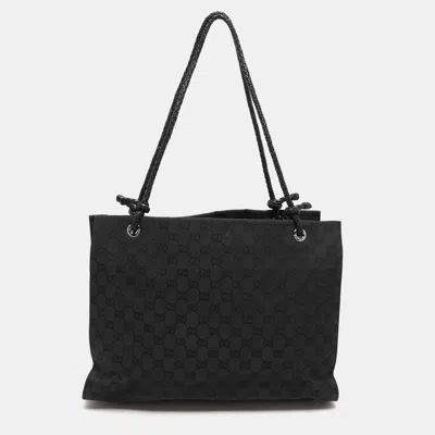 Pre-owned Gucci Black Gg Canvas And Leather Braided Handle Tote