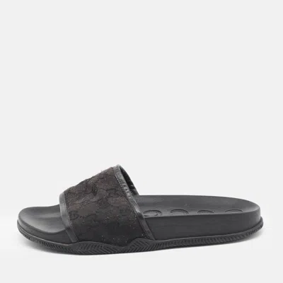 Pre-owned Gucci Black Gg Canvas And Leather Flat Slides Size 41