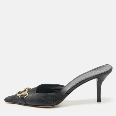 Pre-owned Gucci Black Gg Canvas And Leather Vintage Horsebit Chain Mules Size 39