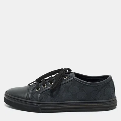 Pre-owned Gucci Black Gg Canvas And Leather Web Lace Up Sneakers Size 36.5