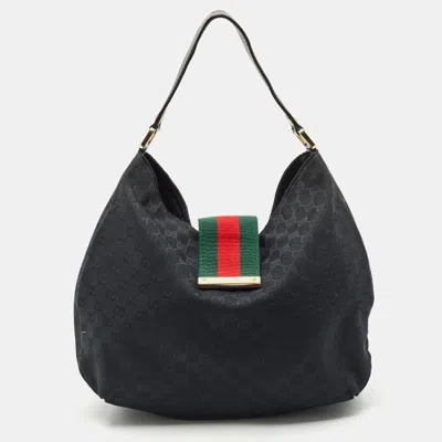 Pre-owned Gucci Black Gg Canvas Medium New Ladies Web Hobo