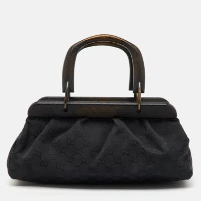 Pre-owned Gucci Black Gg Canvas Wood Handle Frame Bag