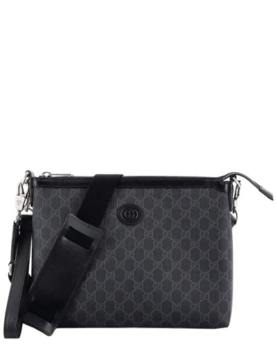 Gucci Black Gg Coated Canvas Interlocking G Patch Wristlet Messenger Bag  Medium (authentic Pre-love In Gray