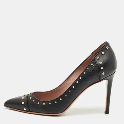 Pre-owned Gucci Black Gg Coated Fabric And Leather Studded Pointed Toe Pumps Size 36.5